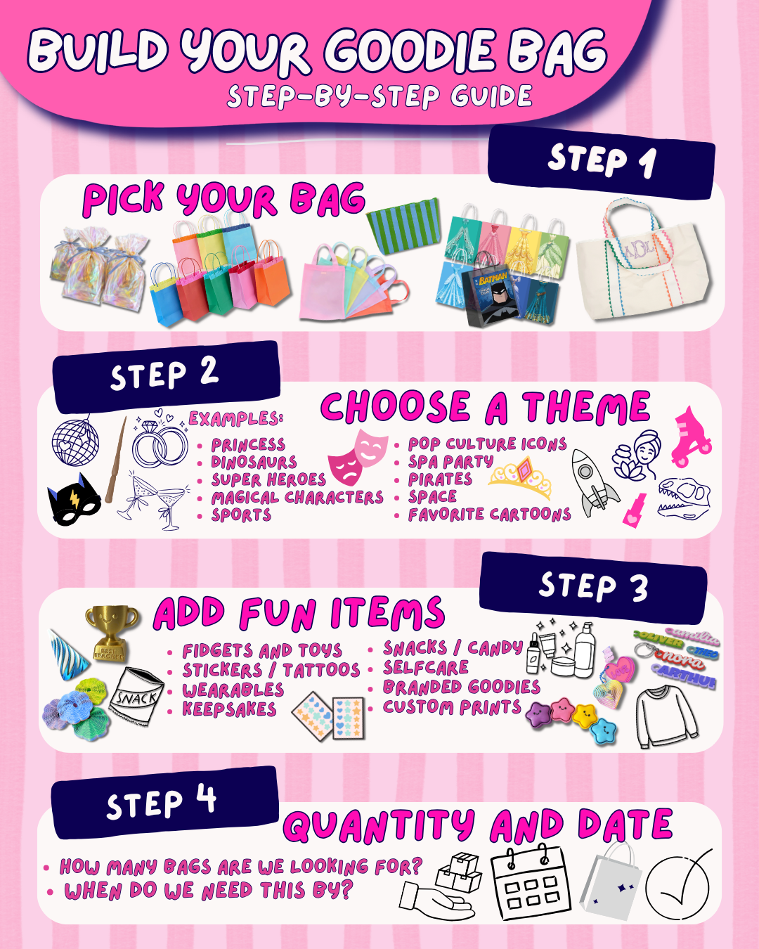 Step-by-step guide for building a goodie bag with illustrations on a pink background